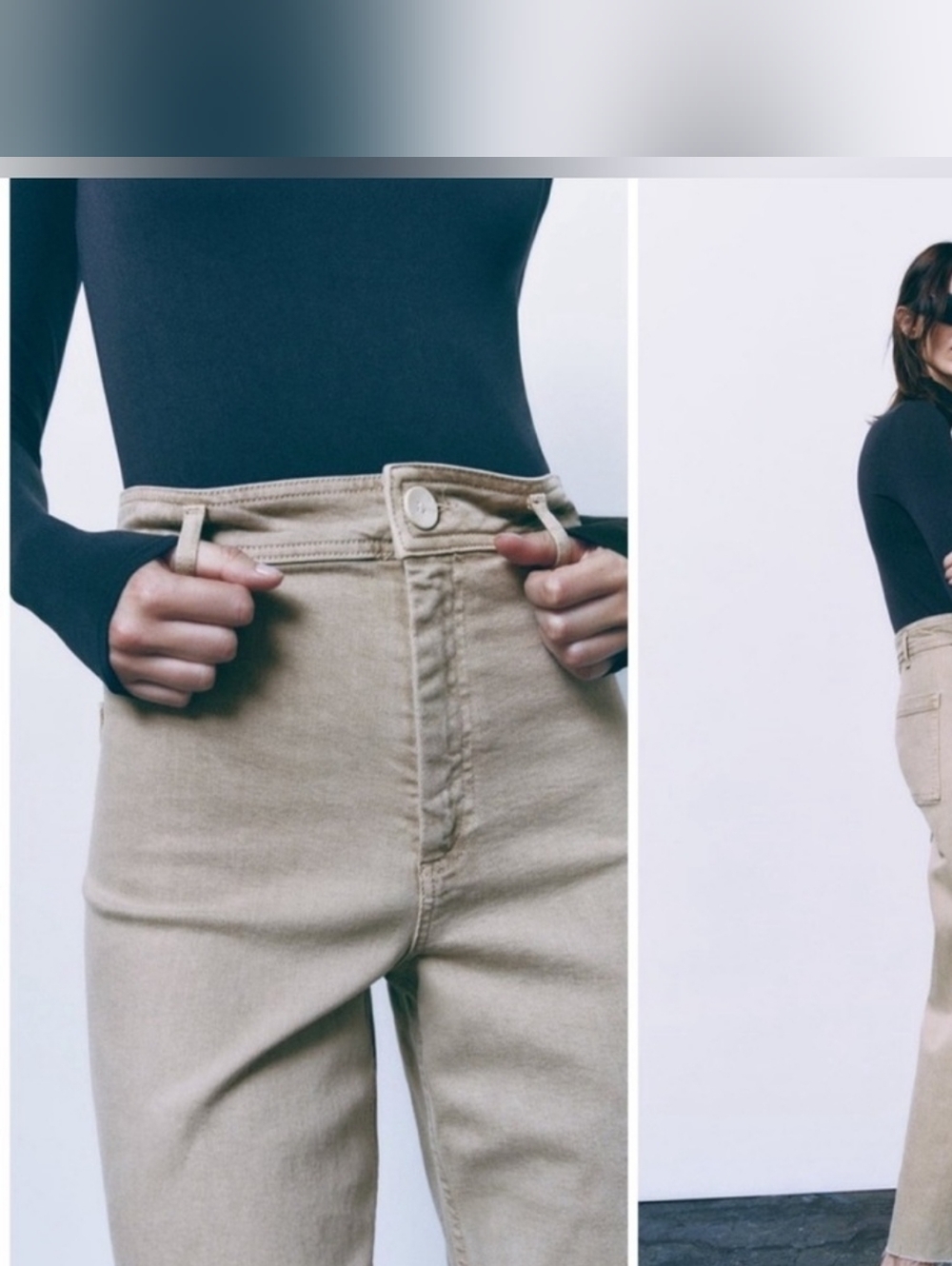 ZARA Marine Straight Patch Pocket Jean Sz 8 Wide Leg Raw Hem Beige Stone - Picture 6 of 14